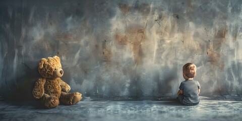 Boy with teddy bear looking at blank wall symbolic of depression. Concept Mental health, Depression awareness, Symbolic imagery, Conceptual photography, Emotional portrait