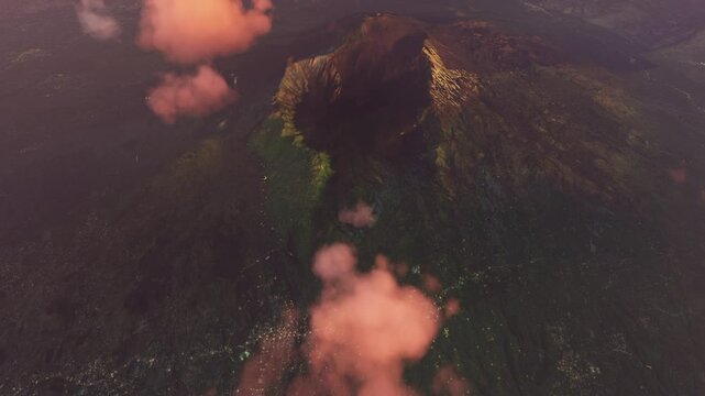 Top aerial drone view at sunset Mount Etna Volcano in Catania. Italy