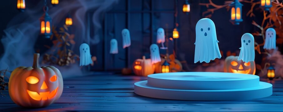 Haunted house podium with ghostly figures and floating lanterns, Technofantasy, , Spooky ambiance
