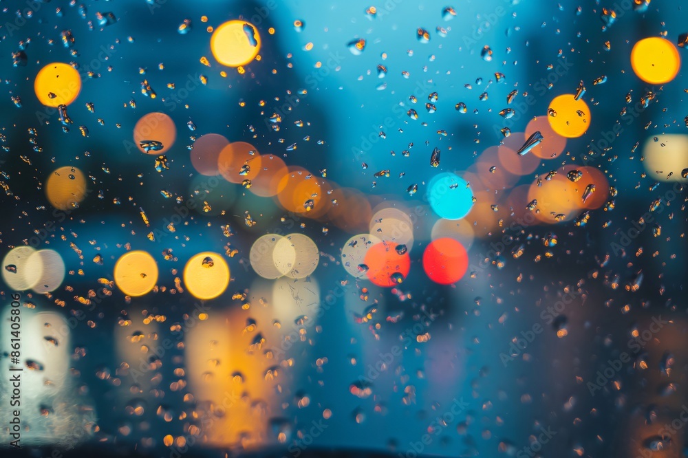 Poster raindrops creating an abstract pattern on a windshield with colorful bokeh city lights in the backgr