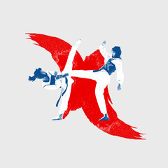 Karate fighters sparring, red abstract background. Martial Arts Tournaments: Perfect for...