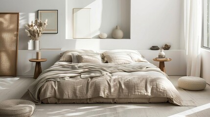Minimalist bedroom with a lowprofile bed, neutral bedding, and uncluttered decor, highlighting serene and modern aesthetics