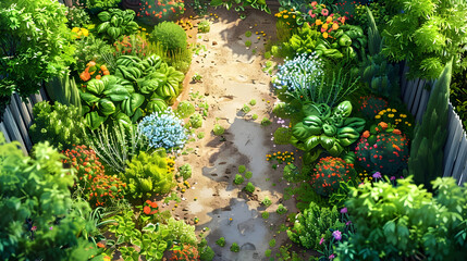 Lush Community Garden with Winding Dirt Path Through Vibrant Greenery