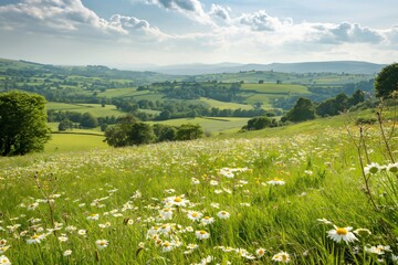 Obraz premium Idyllic landscape showing a beautiful green rolling countryside with wildflowers growing in the foreground