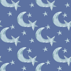 Monochrome sky stars and moon watercolor seamless pattern on blue. Hand drawn background for kids room decor, fabric,textile,wrapping paper.Children spirit pattern, Christmas monochrome collection
