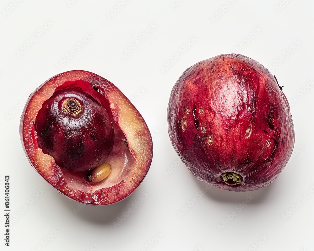 Wall mural macro shot of coffea canephora coffee cherry, showing internal structure, isolated on white