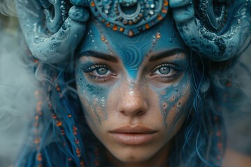 A mesmerizing fantasy portrait of a woman with intricate blue face paint and decorative horn accessories, exuding an otherworldly and mythical appearance amidst swirling mist.