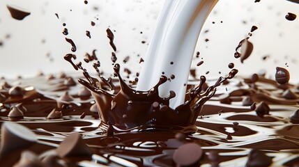 Fototapeta premium Splash of Milk into Melted Chocolate with Chocolate Chips in a High-Speed Photography Shot