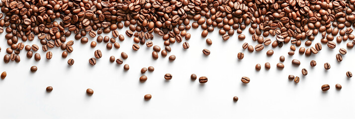 Naklejka premium A banner with scattered coffee beans on a white background. A banner for a coffee shop, coffee shop, cafe.