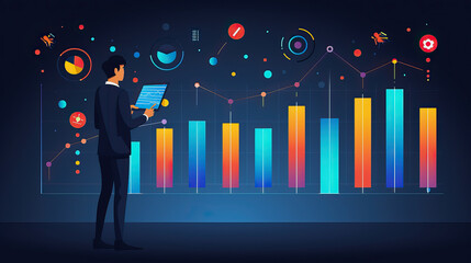 holographic financial graph, bar charts, and numerical statistics to emphasize growth and analysis.