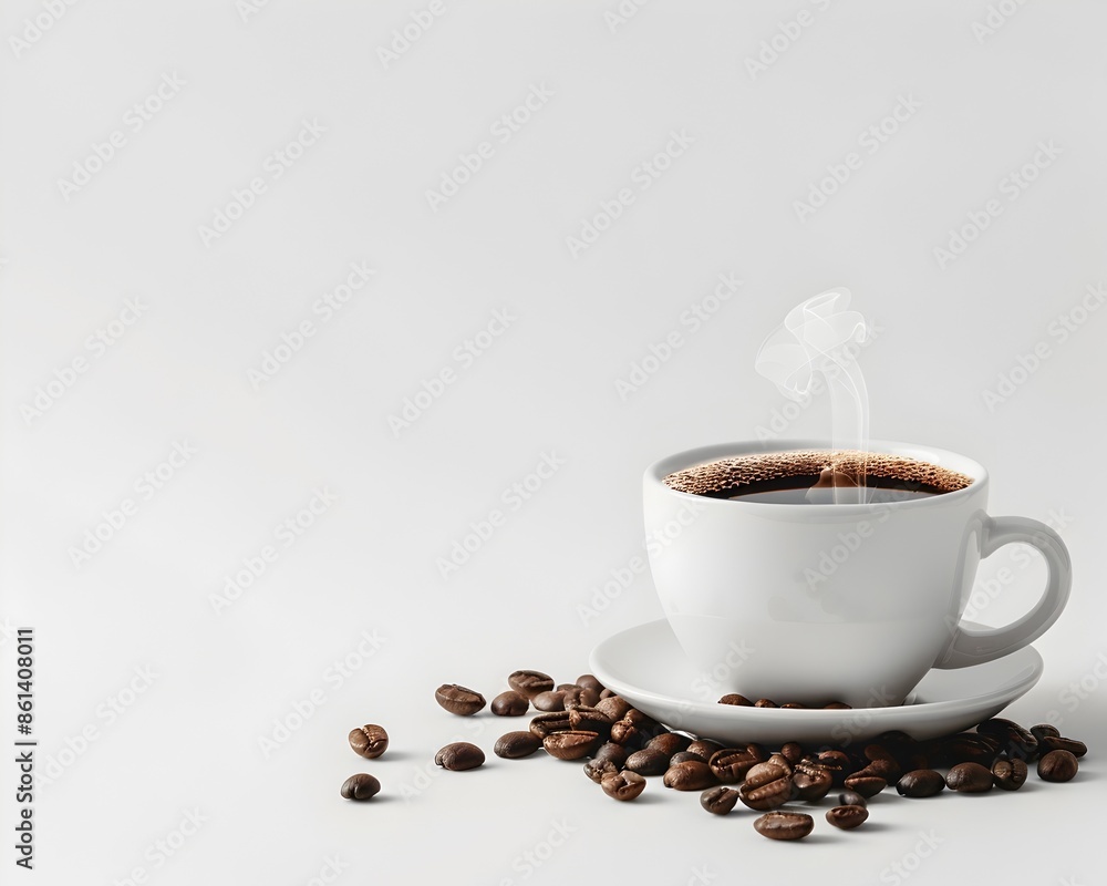 Canvas Prints Coffee Cup with Steam and Coffee Beans on White Background