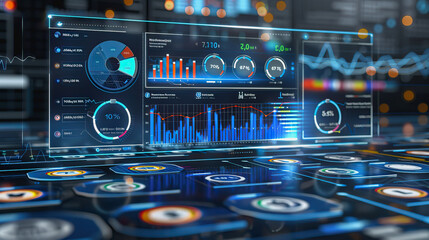 Obraz premium holographic financial graph, bar charts, and numerical statistics to emphasize growth and analysis.