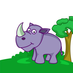 Cartoon Rhinoceros Illustration on Nature Background, Png Vector.