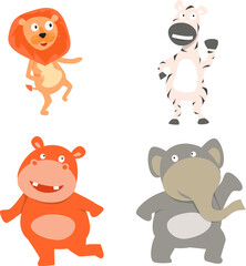 Set of Four Cartoon Animal Characters like as Lion, Zebra, Elephant and Hippopotamus on Png Background.
