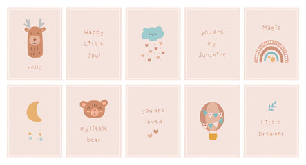 Boho pastel baby posters collection. Rainbow, moon, cloud, cute bear design for nursery. Hand drawn illustration in scandinavian style. Vector 