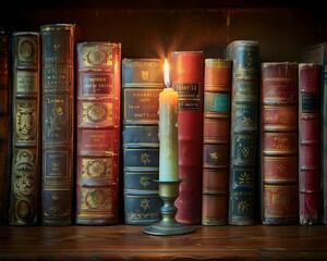 Antique Leather Bound Books Illuminated by Candlelight on Mahogany Shelf