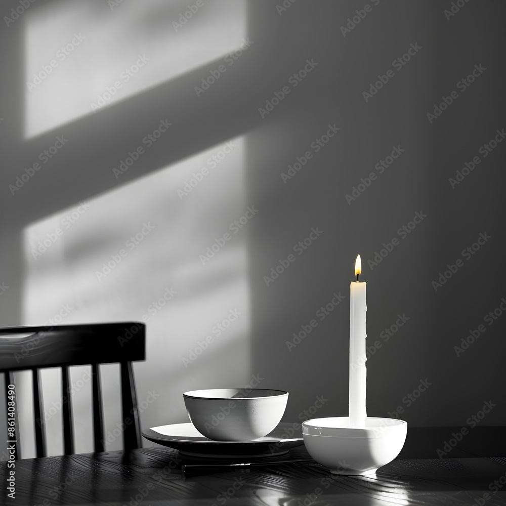 Wall mural elegant monochrome dining room with dramatic candle shadows