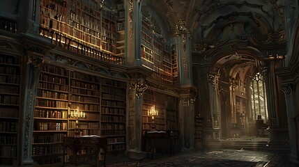 Obraz premium Atmospheric Ancient Library with Ornamental Bookshelves and Candle Lighting