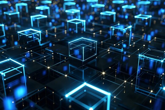 3d render of blockchain network with blocks and cubes on black background, hologram effect, blue glowing light outline