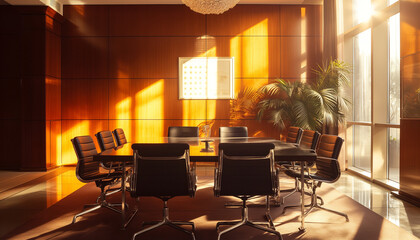 Fototapeta premium A luxurious conference room bathed in golden sunlight with sleek furniture creating an inviting and professional atmosphere perfect for business meetings