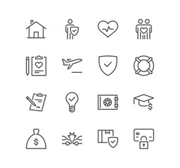 Set of insurance related icons, life protection, car protection, house protection, health protection, care, money protection, contract and linear variety vectors.	
