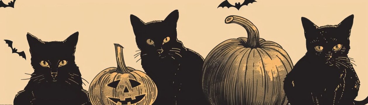 Vintage Halloween postcard featuring black cats and pumpkins, Retro, Illustration, Warm sepia tones