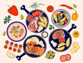 The process of preparing delicious food from above.  Various Ingredients for dishes and food. Chef. Kitchen. Culinary.  Preparing food. Flat style. Meal. Set of tasty food. Vegetables, salmon, soup.