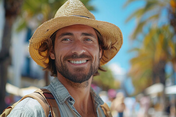 Tourist in hat with backpack in unforgettable summer tropical paradise by the sea