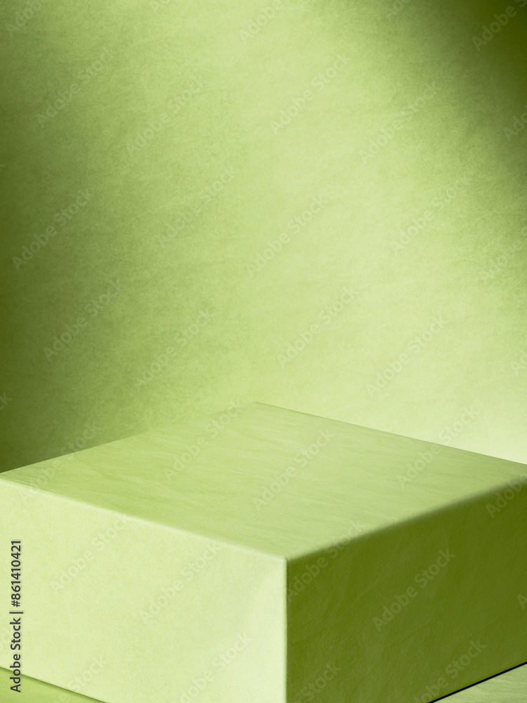 Poster textured green square pedestal. 3d computer graphic template of displaying place for your products. 
