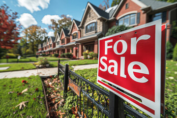 Panoramic view of a suburban neighborhood with newly built homes. A For Sale sign stands prominently in the foreground, surrounded by autumn leaves and a black iron fence