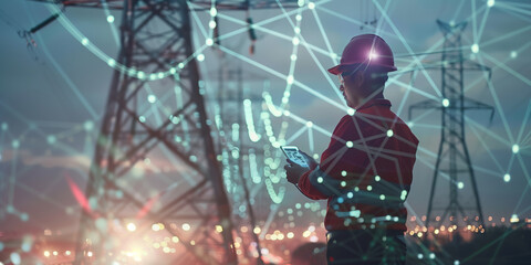 Electric power station. Electrical engineer using smart control panel to manage grid station