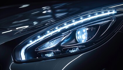 Detailed close up of car s bright headlights shining in the dark night environment