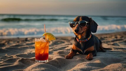 Dachshund dog in sunglasses with cocktail on beach by sea