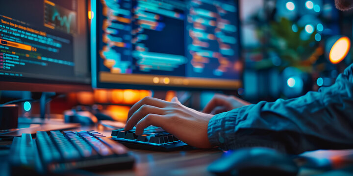 Software development, firmware information. Coding application screens. IT developer working on code