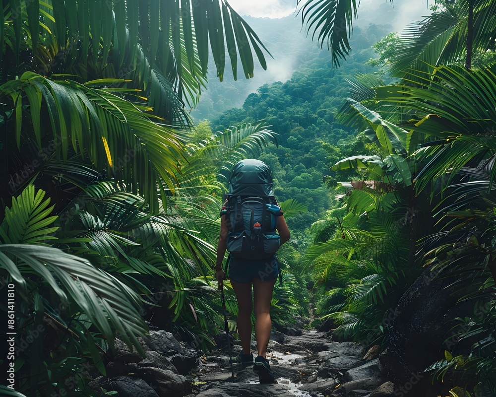 Canvas Prints hiker making their way through lush tropical rainforest on an adventure expedition