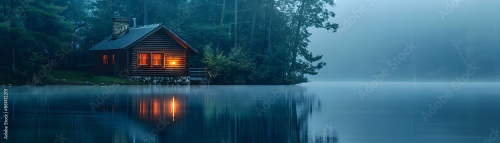 Poster Tranquil Lakeside Cabin with Candle Reflection at Dusk