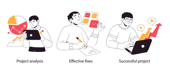 Business project management tools and phases - set of business concept illustrations. Visual stories collection.