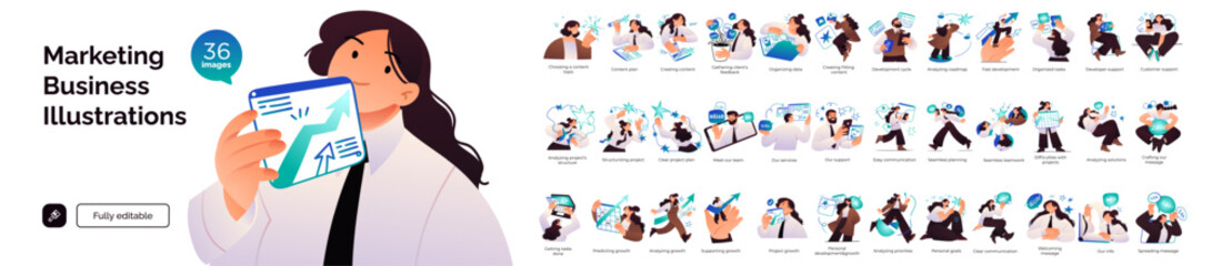Business Marketing illustrations. Mega set. Collection of scenes with men and women taking part in business activities. Trendy vector style