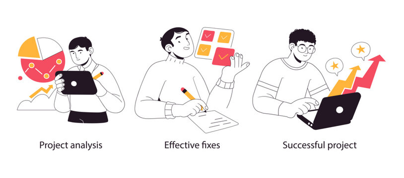 Business project management tools and phases - set of business concept illustrations. Visual stories collection.