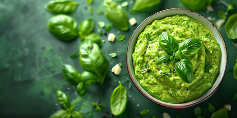 Obraz premium Traditional pesto sauce for pasta. Italian cuisine. Flat lay, top view with copy space.