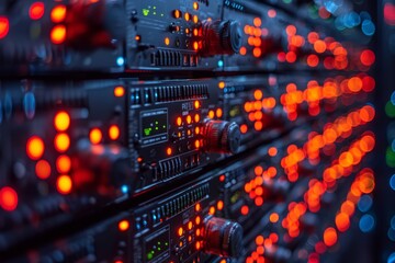 A close-up view of a server rack with multiple servers, each displaying red indicator lights, showcasing the technology and infrastructure of modern data centers.