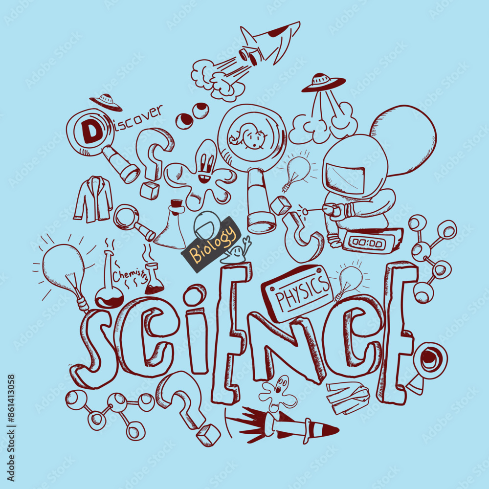Poster doodle style science icons pattern background.