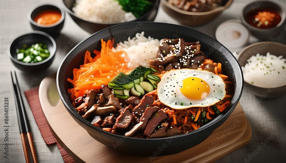 Wall mural Hearty Korean Bibimbop Dish with Beef Mushrooms Carrots and Rice
