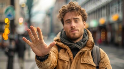 A man in a brown jacket with a scarf extends his hand, standing on a bustling city street. His thoughtful expression contrasts with the busy urban environment.