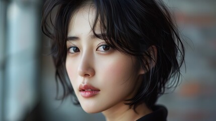 beautiful korean woman with short haircut styling