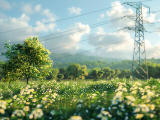 High voltage power lines running through a rural landscape, power grid, electrical transmission, energy infrastructure, countryside, electricity network, renewable energy, scenic views, sustainable