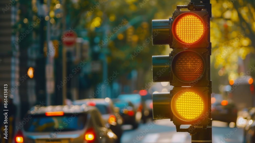 Poster a traffic light showing a yellow caution signal, warning drivers to slow down before intersection