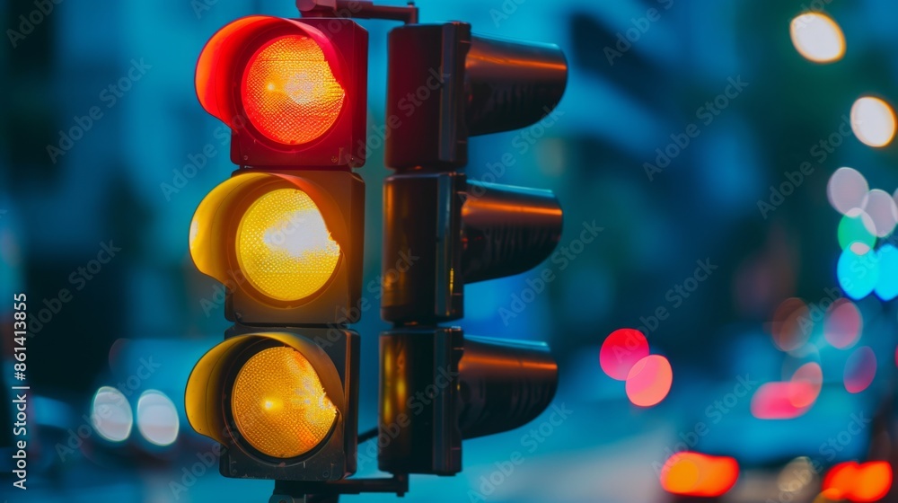 Poster a traffic light showing a yellow caution signal, warning drivers to slow down before intersection