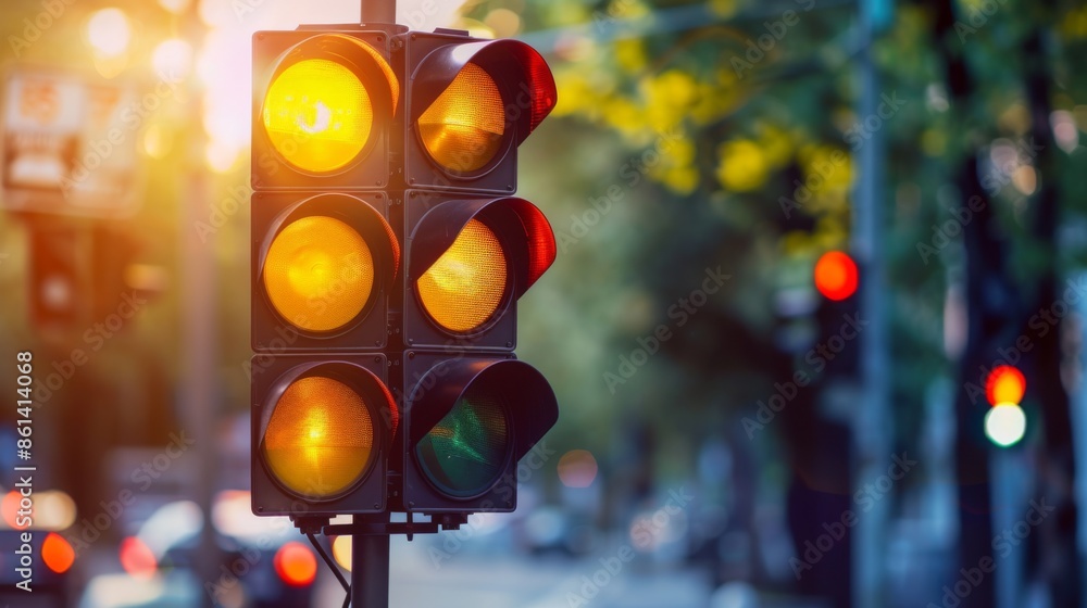 Poster A traffic light showing a yellow caution signal, warning drivers to slow down before intersection