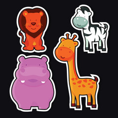 Sticker Style Cartoon Animal Characters Set Including Lion, Zebra, Giraffe and Hippopotamus on Dark Background.